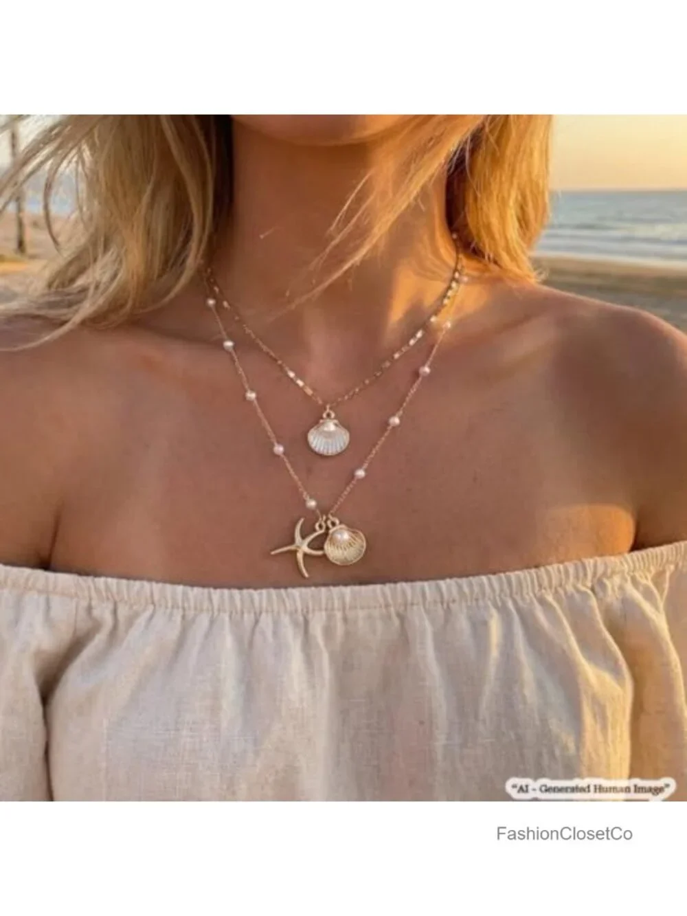 Gold Layered Seashell Necklace Set Boho Pearl Beaded Starfish Charm Chain